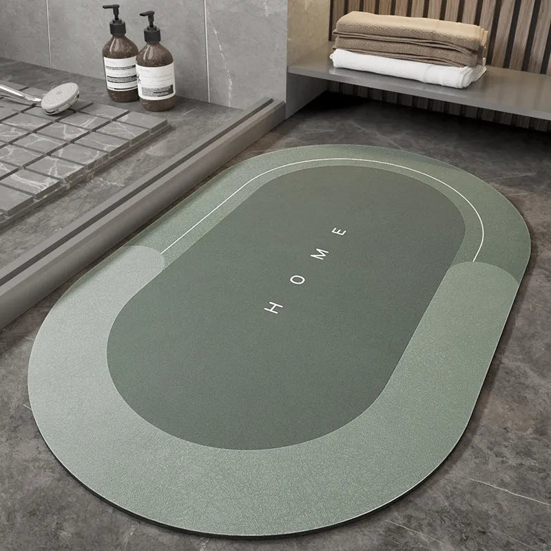Blended fabric bathroom floor mat in blue, available in oval and rectangle shapes.