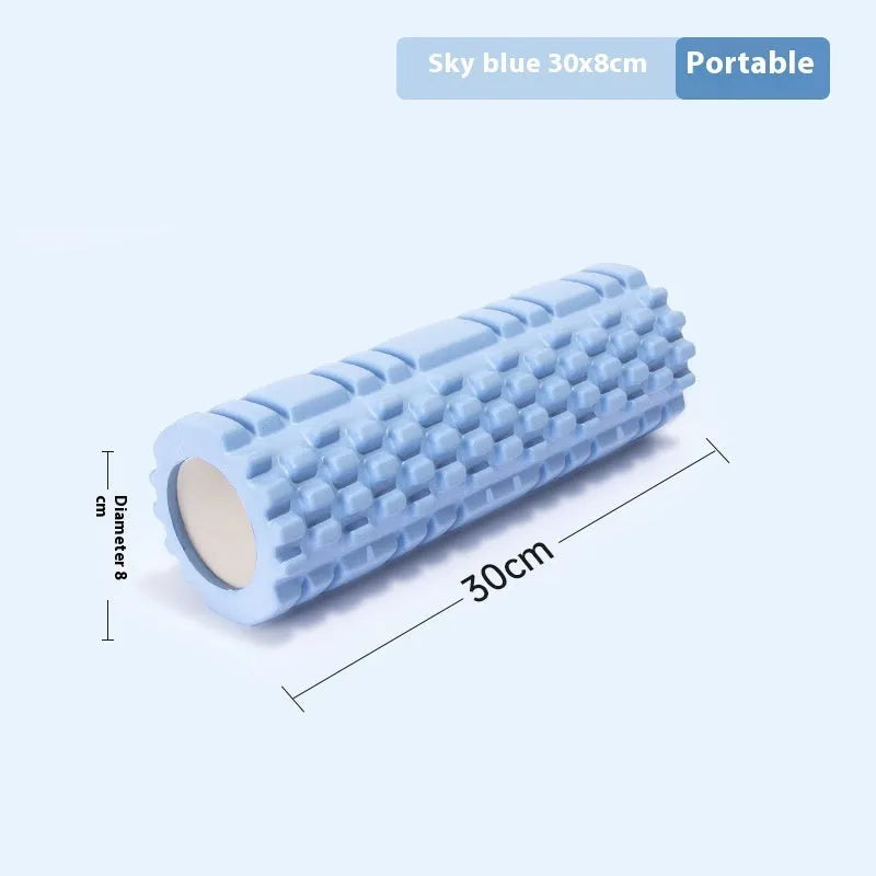 EVA foam fitness roller shown in various colours including black, pink, and blue.