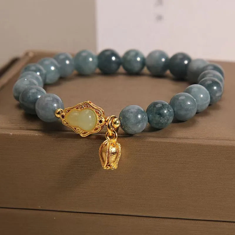 Women's natural stone bracelet with blue gourd lotus pendant and electroplated floral design