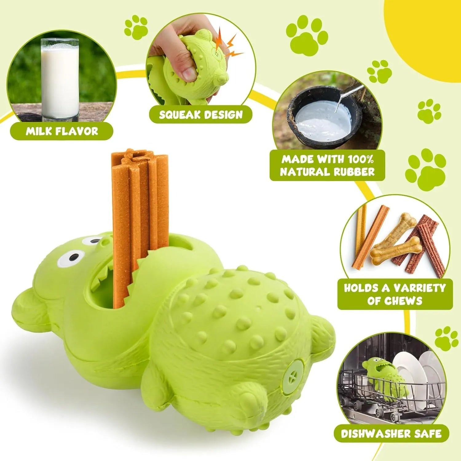 Green and yellow natural rubber squeaky dog chew toy for large dogs.