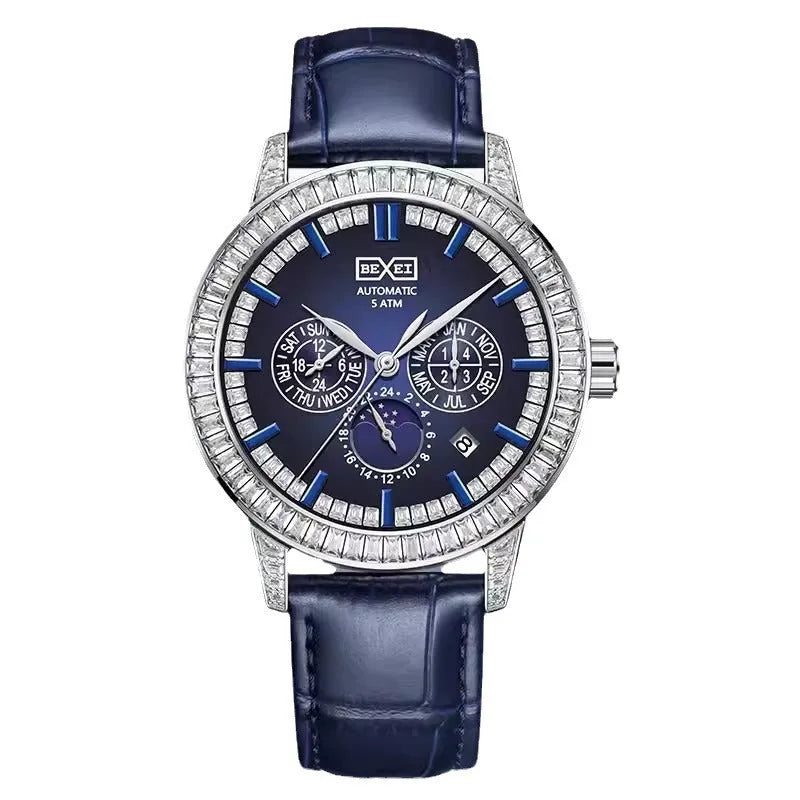 Blue mechanical men's watch with 10mm thick case, casual style, gift box packaging
