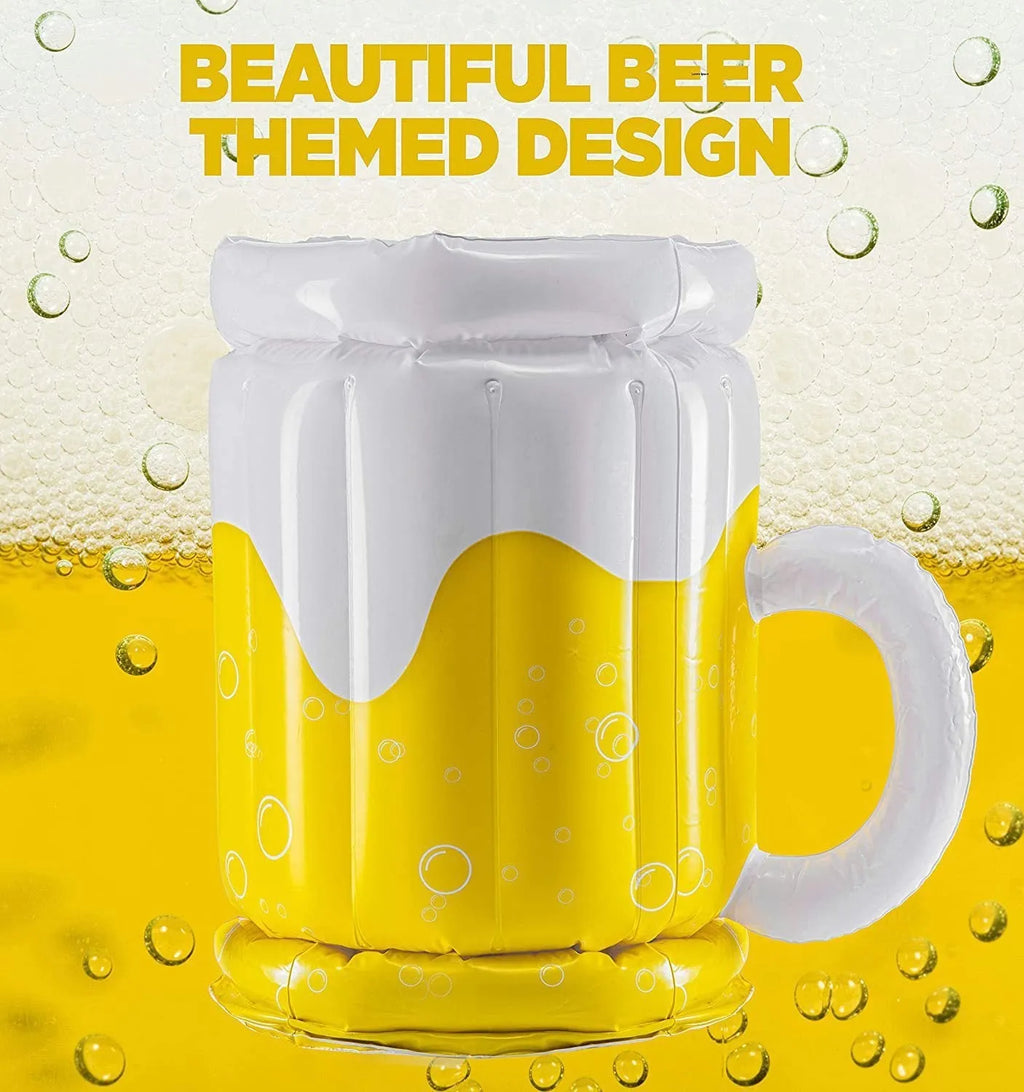 Large yellow inflatable beer mug cooler floating in pool with drinks