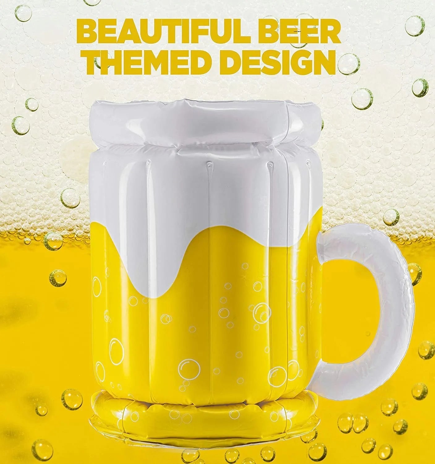 Large yellow inflatable beer mug cooler floating in pool with drinks
