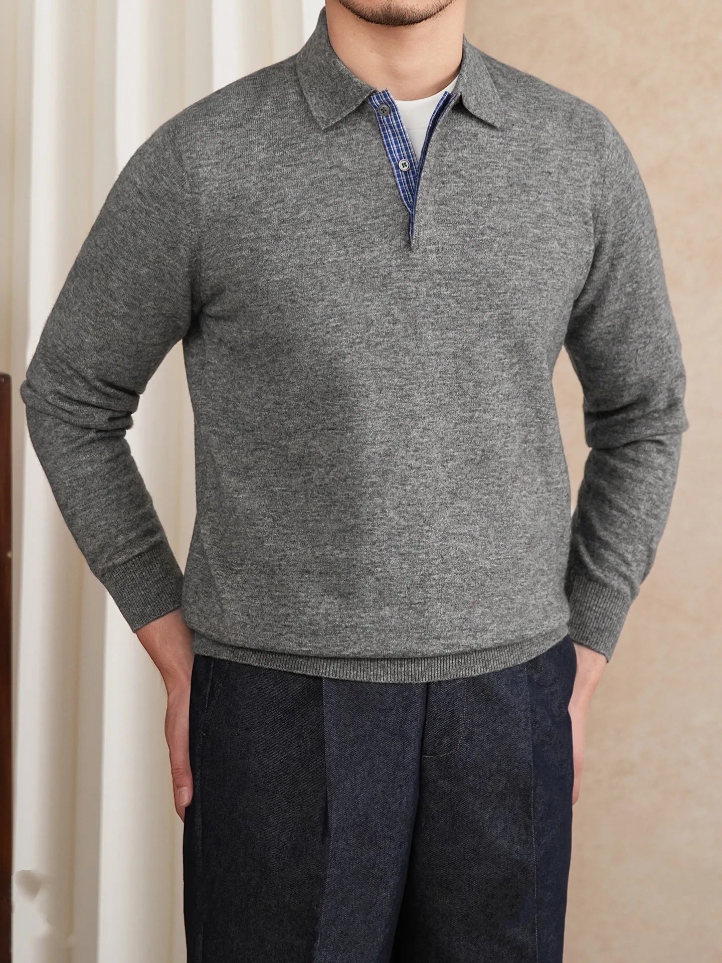 Slim-fit lapel polo shirt in dark blue, wool knitted long sleeve pullover with button placket