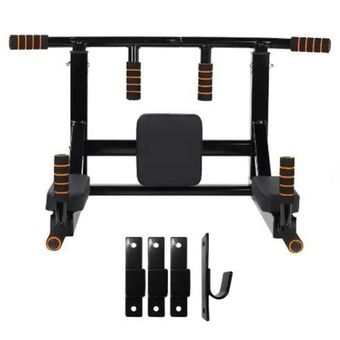 Black wall-mounted fitness station with sandbag rack, parallel bars, and a pull-up bar.