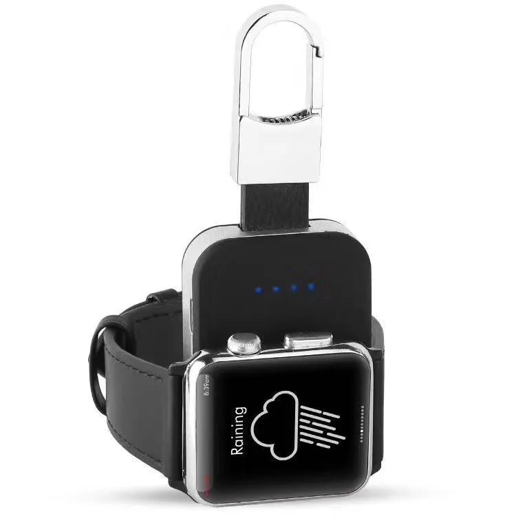 Black ABS keychain wireless power bank for Apple Watch charging on the go.