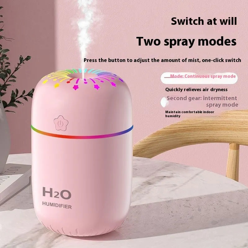 White USB mini humidifier with 300ml tank on a desk next to a laptop.