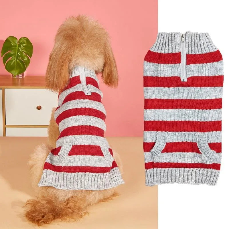 Grey acrylic dog sweater with a blue horizontal zipper and a button pocket on the chest.