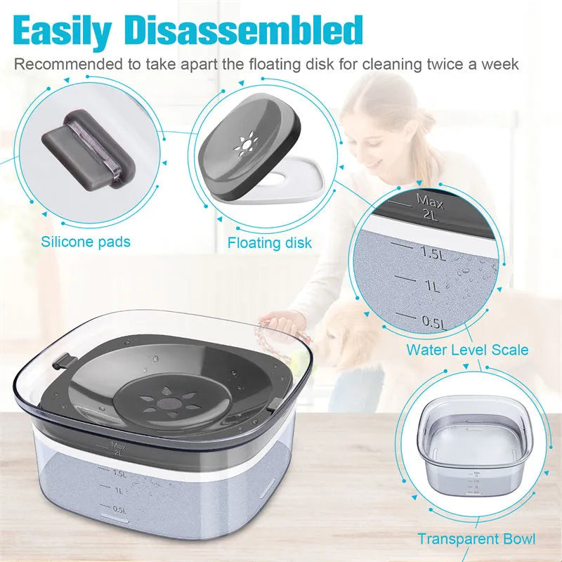 Transparent 70oz anti-spill slow drinking dog water bowl with floating disk on non-slip base