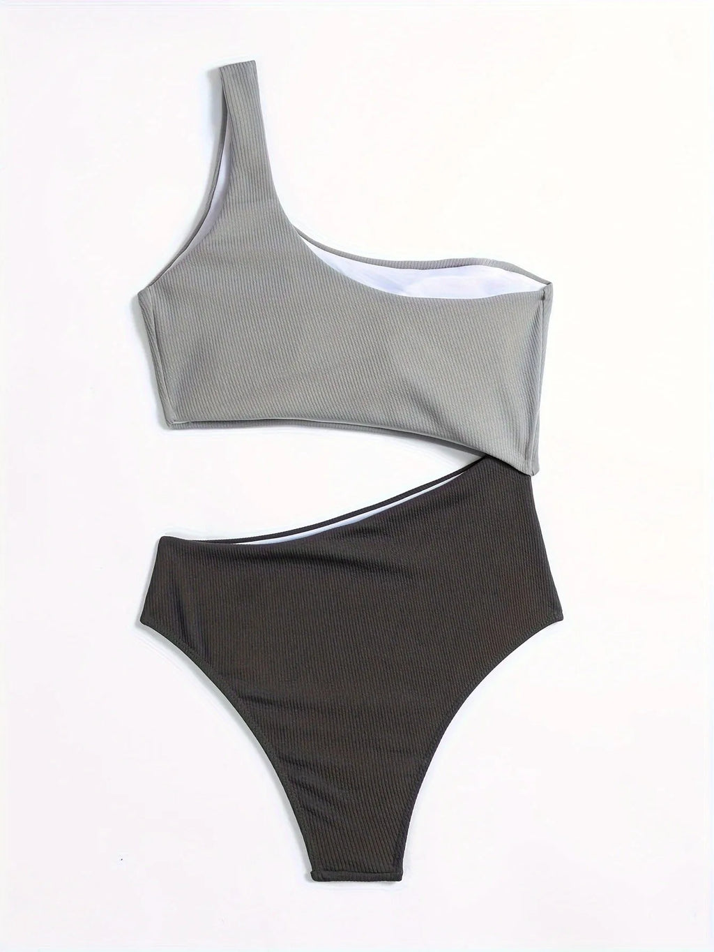 Light grey women's one-shoulder one-piece swimsuit on a model