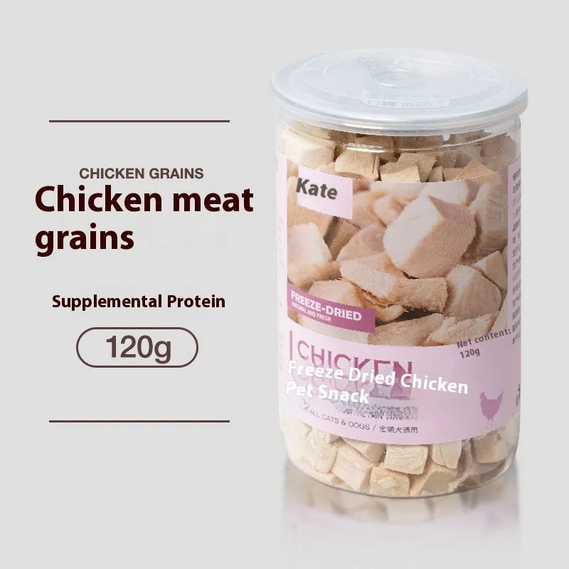 Freeze-dried chicken cat snacks in 500g pack showing nuggets in bagged or barrel packaging options