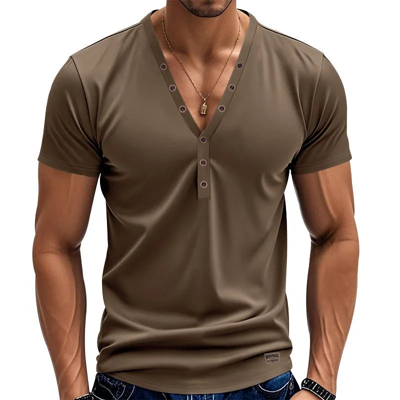 Men's loose fit V-neck T-shirt with button detail in chemical fibre blend fabric