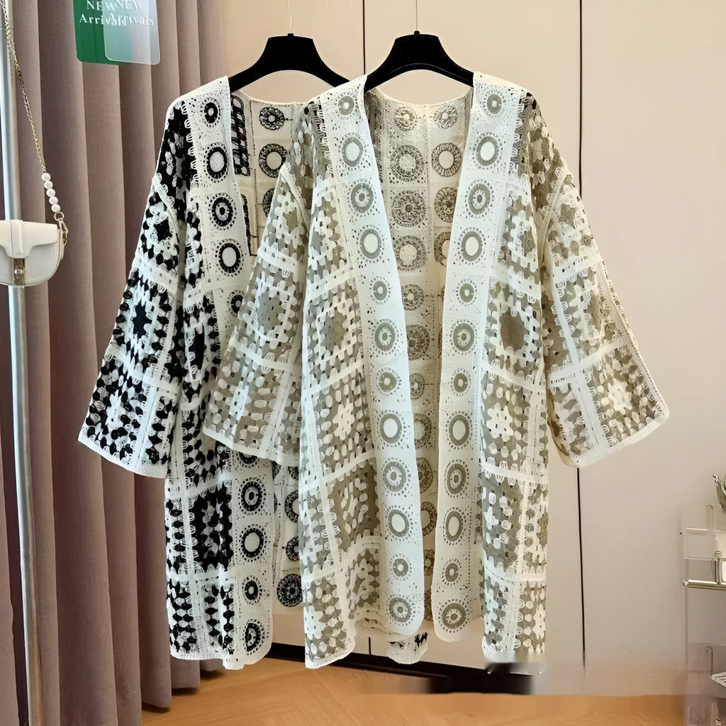 Ladies' loose embroidered thin knit cotton cardigan in black, front view
