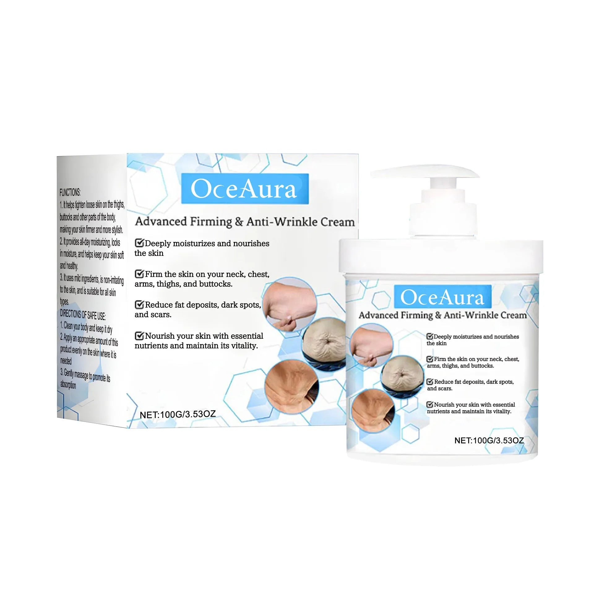 100g body moisturiser cream in container with glycerin and hyaluronic acid formula