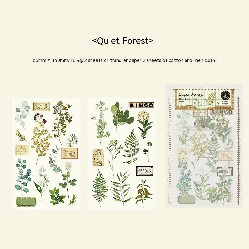 Huazhisen Series forest theme art sticker pack showing transfer paper and cotton linen sheets in literary style