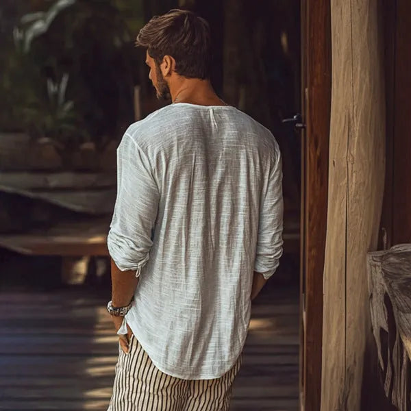 Beige V-neck long-sleeved slim fit T-shirt made from hemp blend fabric
