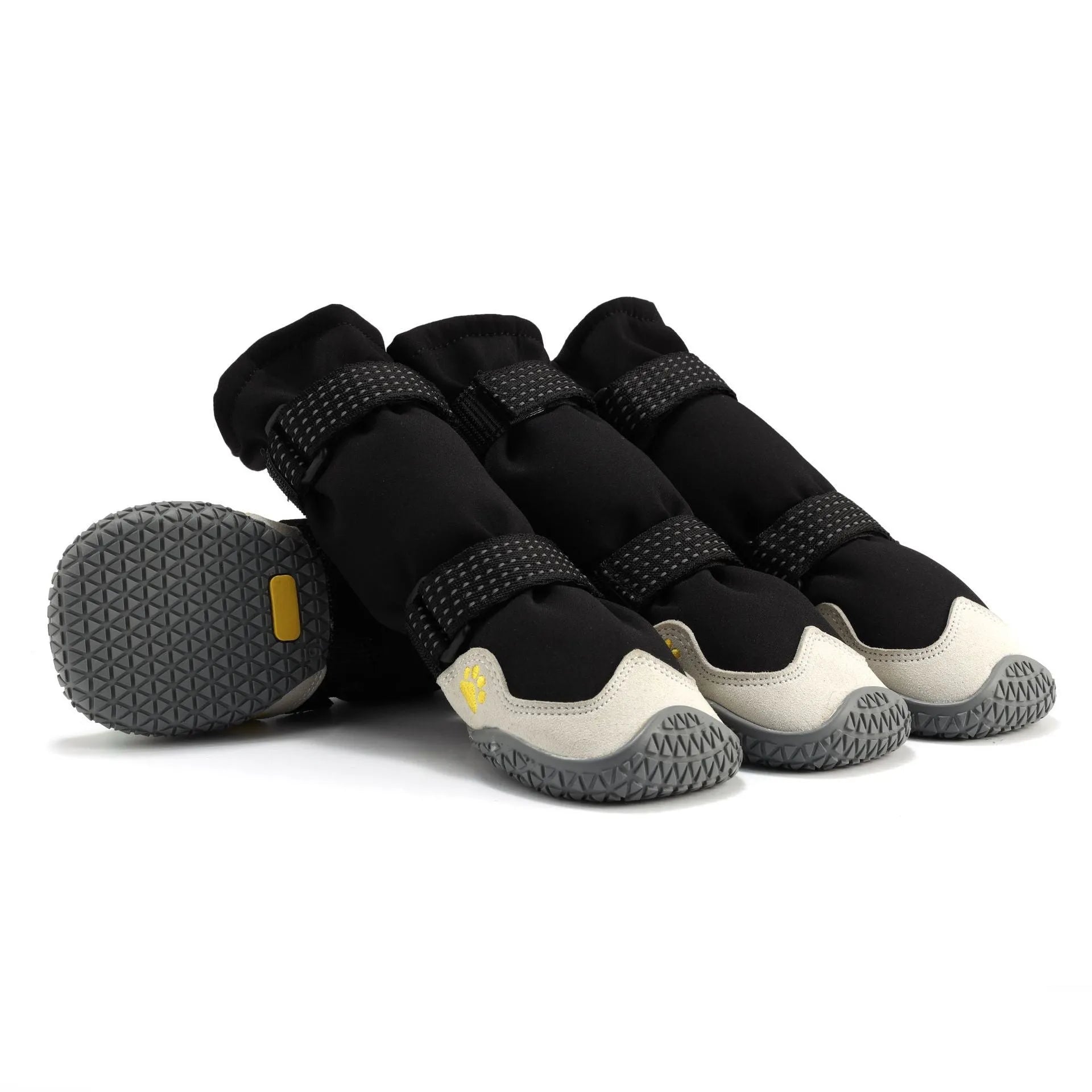 Set of soft-soled dog shoes in black cloth gray with rubber sole for no heel slippage on medium to large dogs