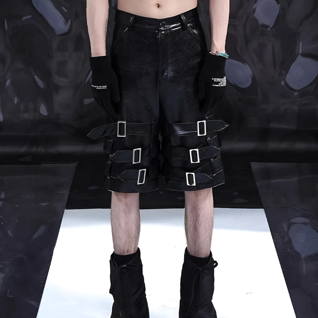 Man wearing black cropped PU leather shorts with a distinctive ring detail on the leg.