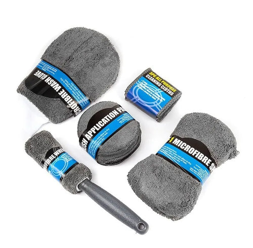 All-grey nine-piece car wash set showing microfiber towels, sponge, gloves, tyre brush, and waxing wipes.