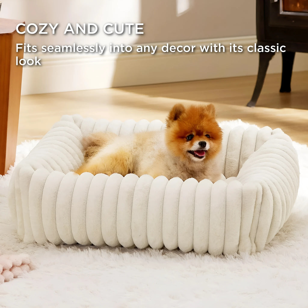Winter warm dog bed with raised edges and removable cushion cover in beige colour
