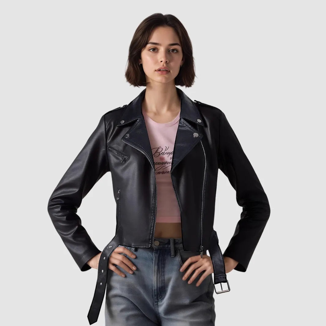 Women's black PU imitation leather motorcycle jacket with an adjustable waist belt, shown front-on.