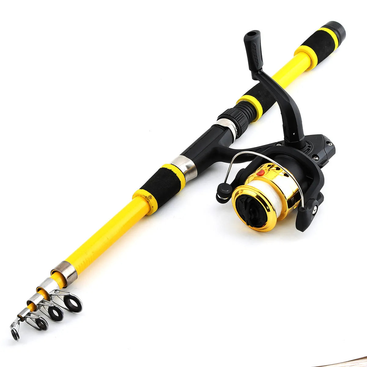 Children's beginner fishing rod kit with a blue pole and matching reel on a green background.