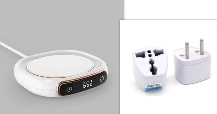 White USB coffee mug warmer plate on wooden desk with measurement showing 130x110mm dimensions
