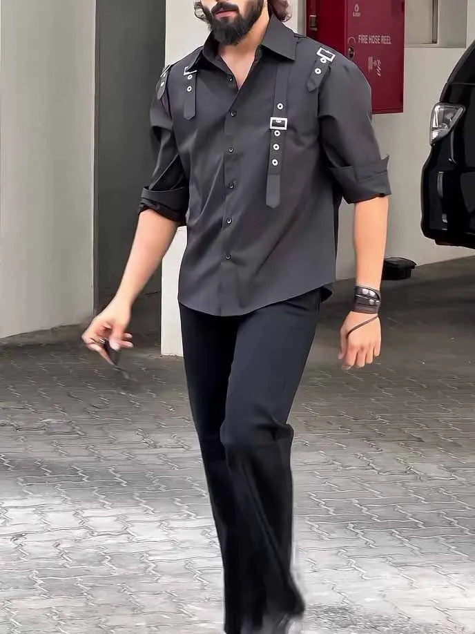 Men's black regular fit button-up shirt made from polyester fabric.