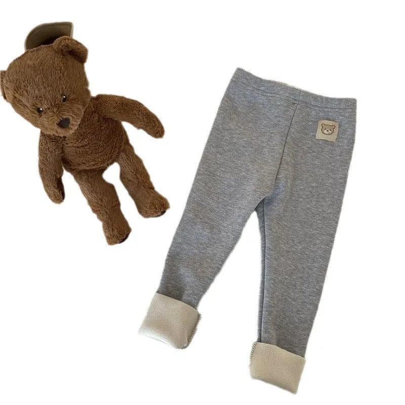 Girls' high-waist fleece-lined winter leggings in beige, black, brown, and grey with a hair band belt.