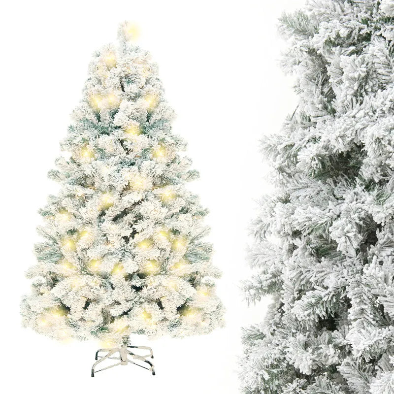 Green and white snow-dusted artificial PVC Christmas tree with metal stand, 180cm and 230cm size options.