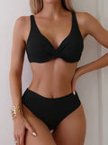 Women's solid colour rib fabric two-piece bikini set on a white background.