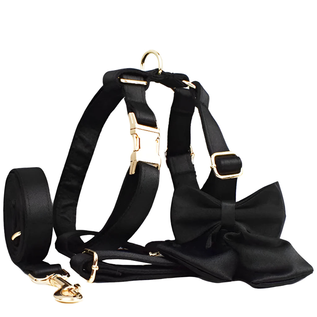 Dog collar and chest harness set with rope leash and decorative bow accessory in cloth fabric