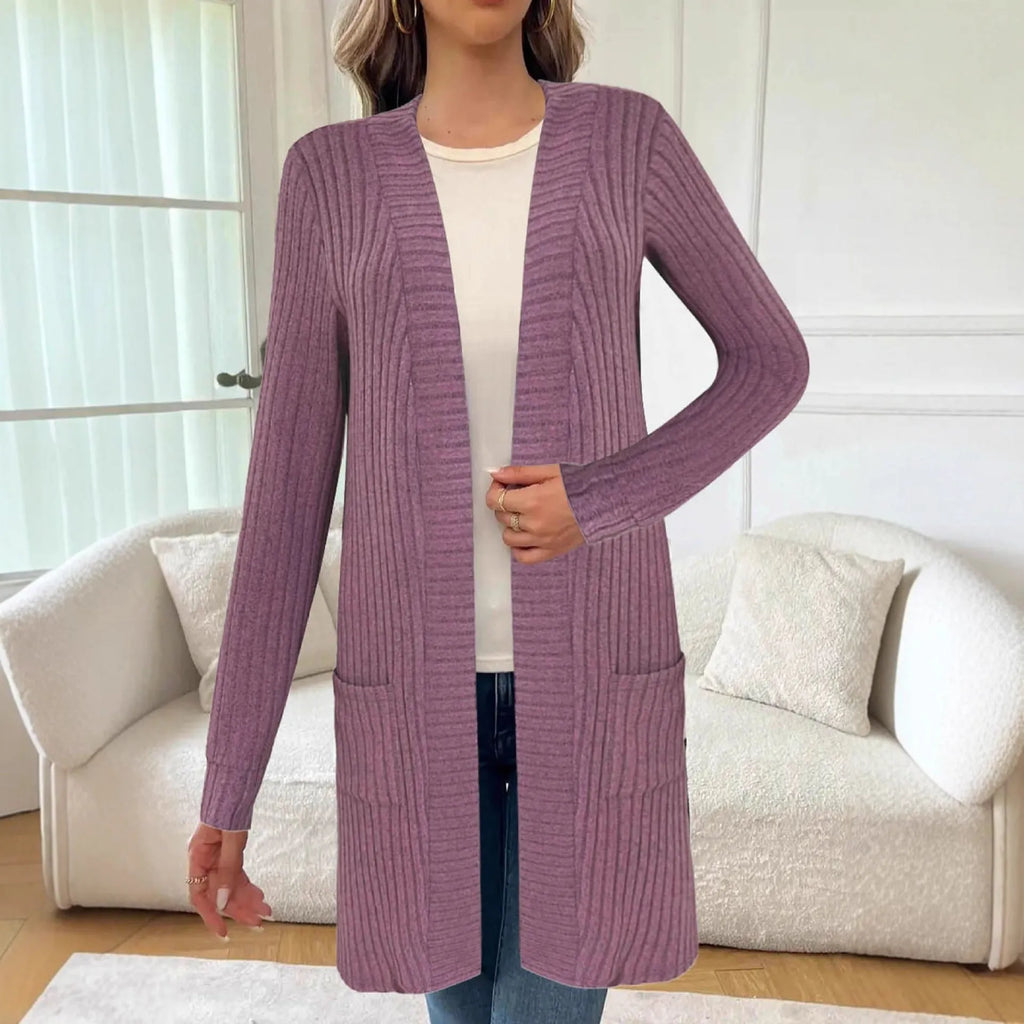 Long sleeve loose fit knitted cardigan jacket with pockets in black, wine red, or grey
