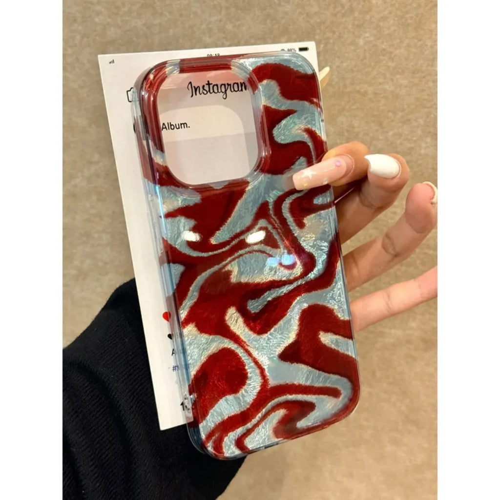 Corrugated multi-colour blocks iPhone case in frosted PC with glacier pattern, square grid stitching or abstract red ripple