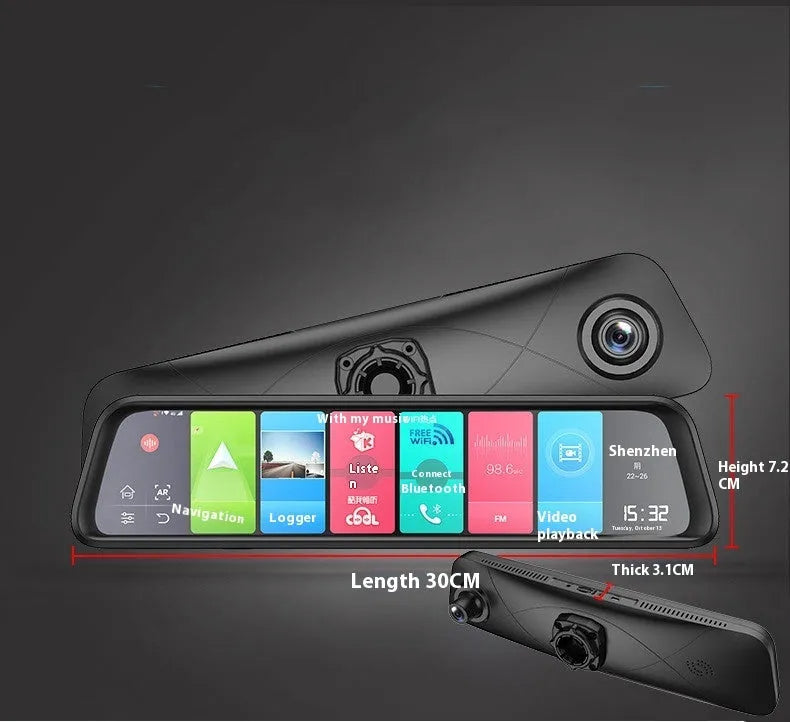 Black 4G car tachograph with touch screen, wide-angle lens, and GPS navigation functions