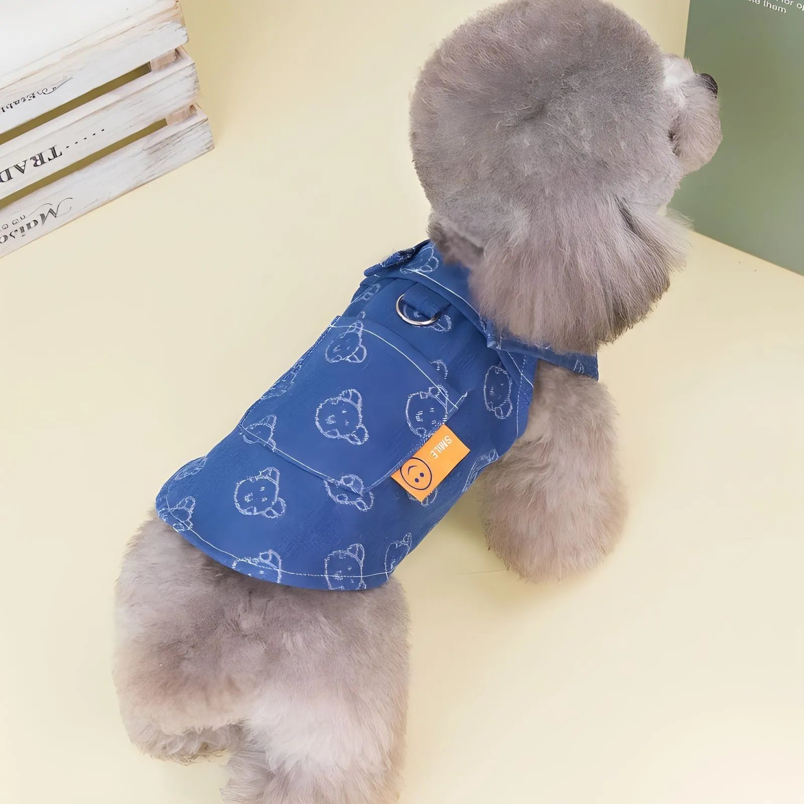 Denim princess dress for small dog showing bracket skirt style in blue denim fabric