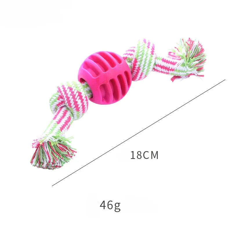 Blue molar-shaped dog chew toy with an integrated rope for dental care and play.