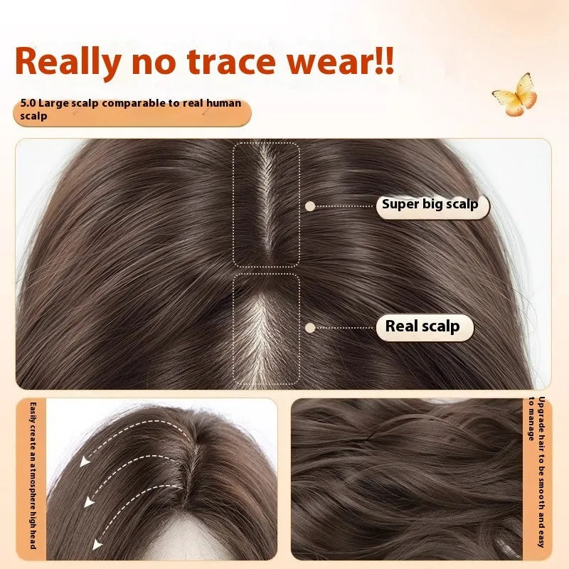Long curly synthetic wig with side-swept bangs in cold brown colour