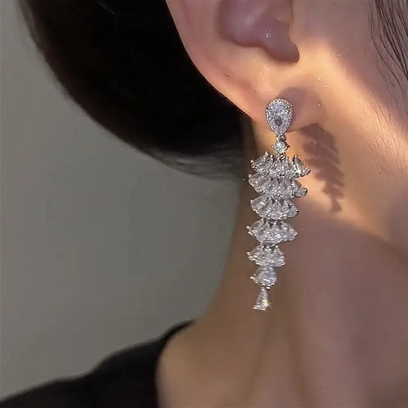 Silver pagoda coloured Christmas tree drop earrings with sparkling zircon accents on copper construction