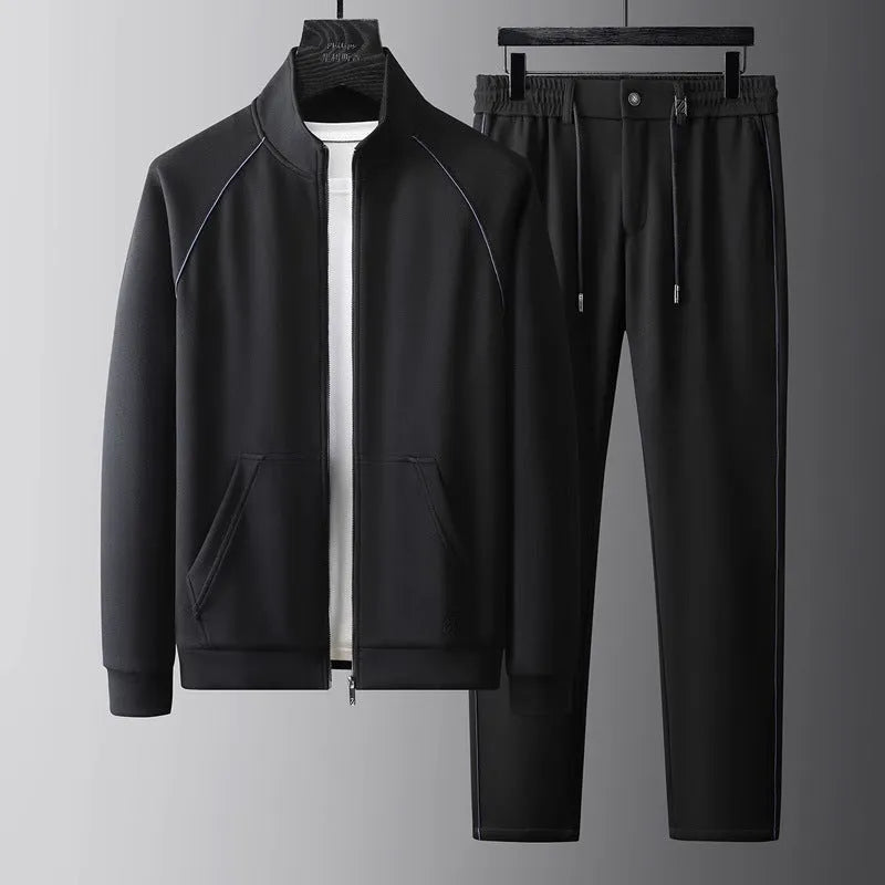 Stand collar casual sports suit set in Vinylon fabric, showing coat and trousers in slim Asian fit.