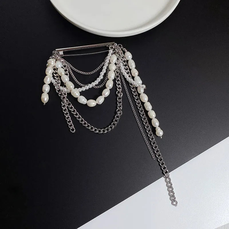Korean style tassel pearl pin brooch with gold tassel, electroplated alloy finish