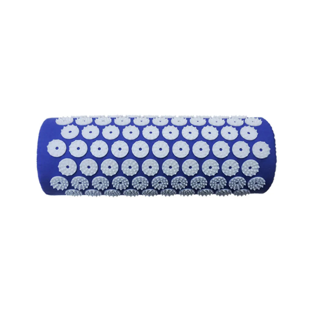 Black and blue acupuncture massage mat set with cushion and headrest on floor for yoga and massage