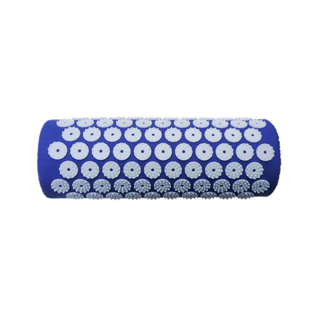 Black and blue acupuncture massage mat set with cushion and headrest on floor for yoga and massage