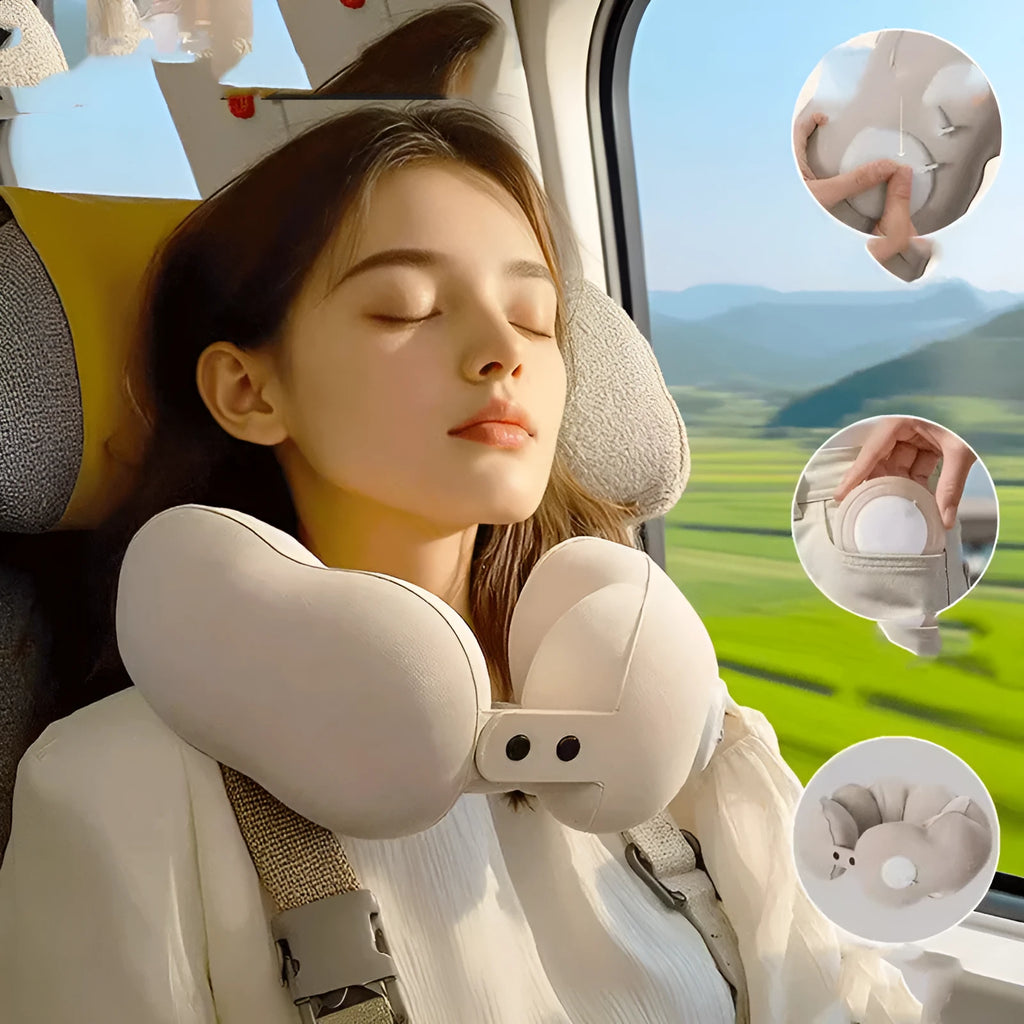 Inflatable cloud bubble coloured U-shaped travel neck pillow with cartoon design, shown deflated and portable.