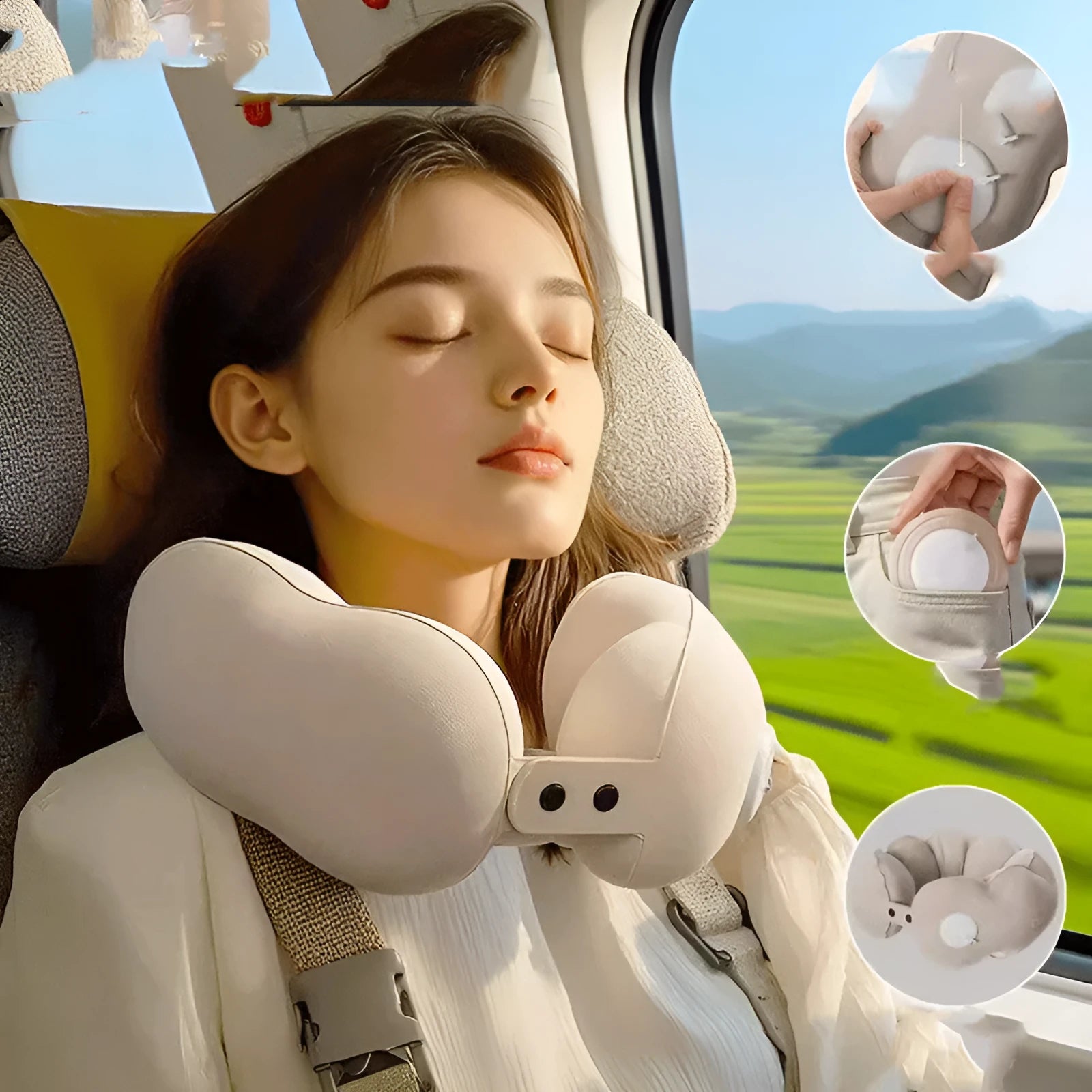Inflatable cloud bubble coloured U-shaped travel neck pillow with cartoon design, shown deflated and portable.