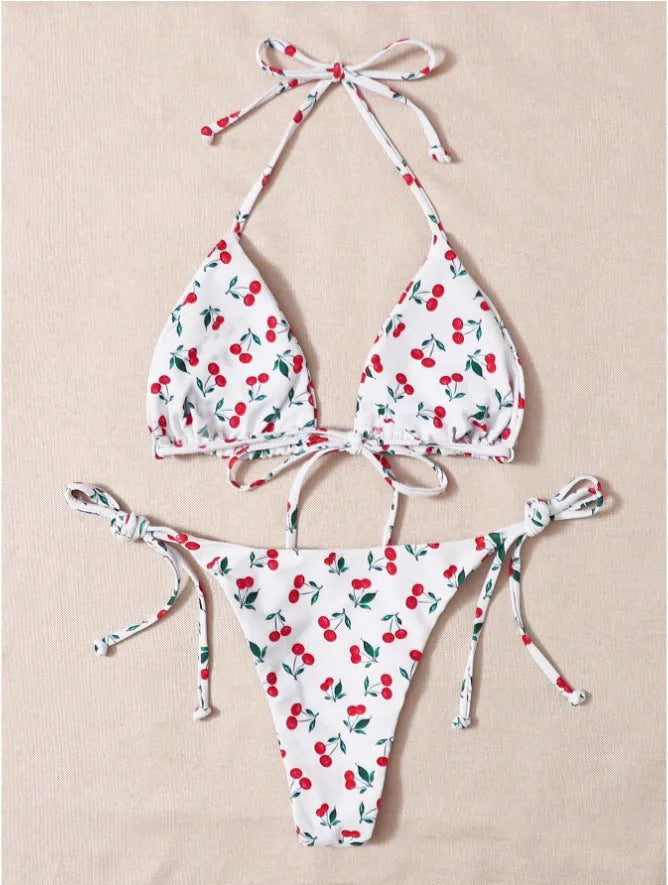 Women's split halter bikini set with backless design in briefs style and solid colour