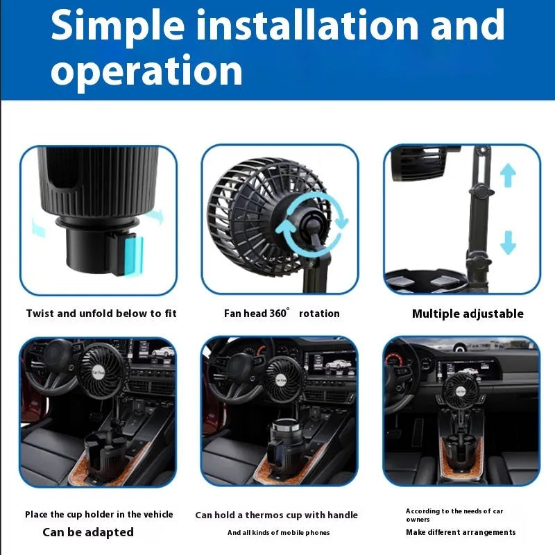 ABS plastic car cup holder fan showing 4-inch and 6-inch size options with 12V, 24V, and USB power plugs.