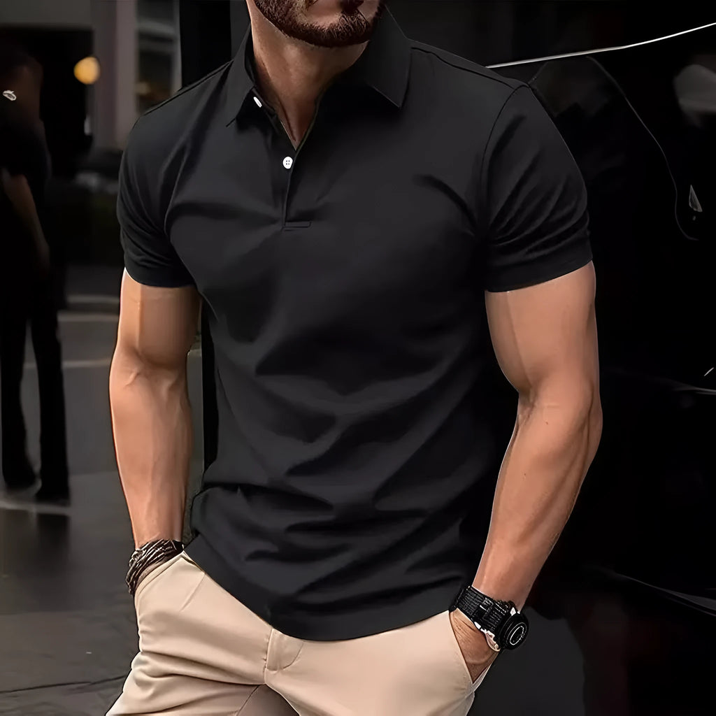 Men's slim fit solid colour short sleeve button shirt on a hanger.