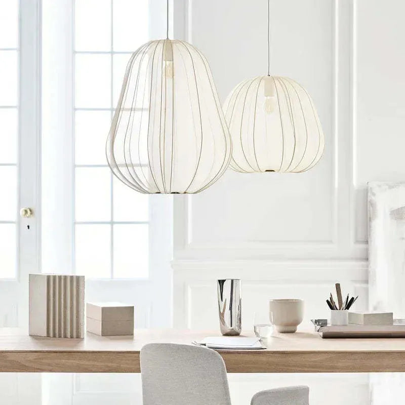 Japanese-style pumpkin-shaped ceiling lamp with net-patterned shade in grey-blue finish.