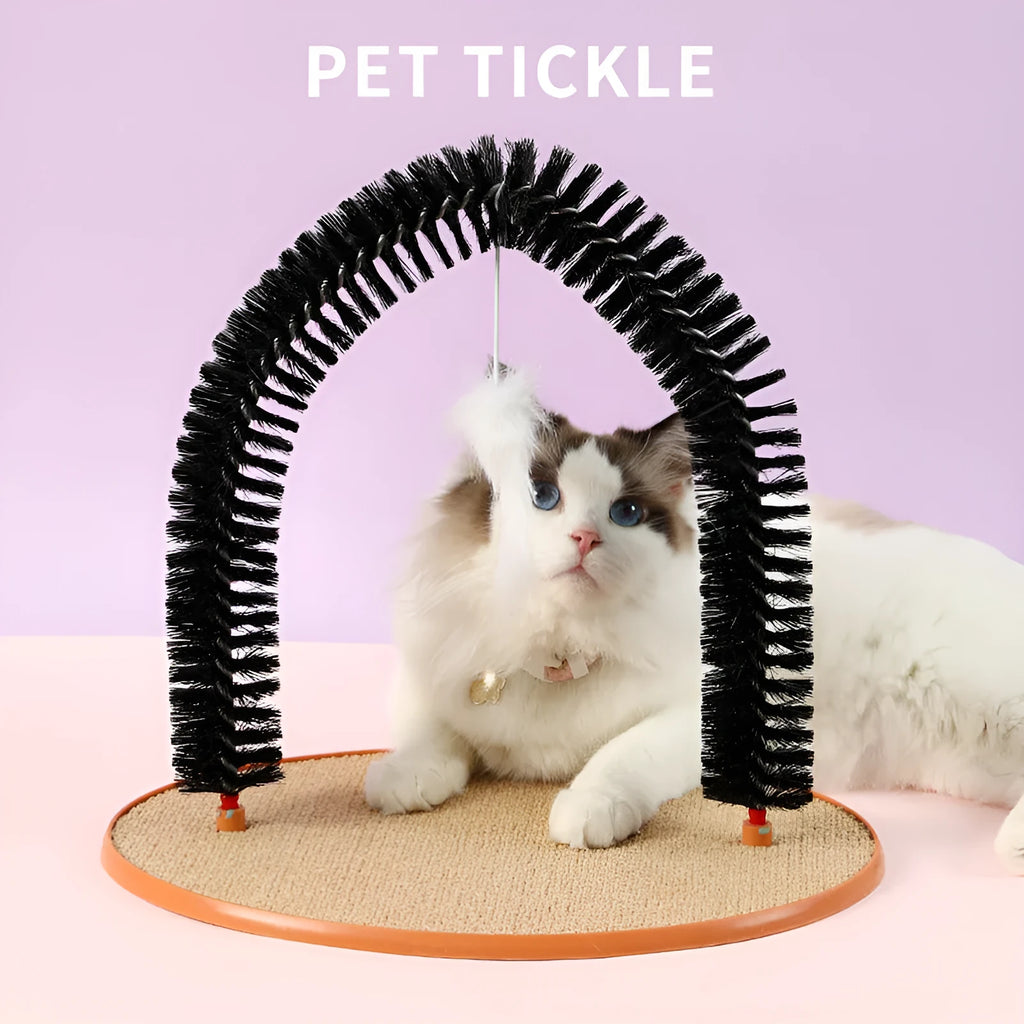 Black plastic arch-shaped cat grooming brush and scratching post with attached mouse toy